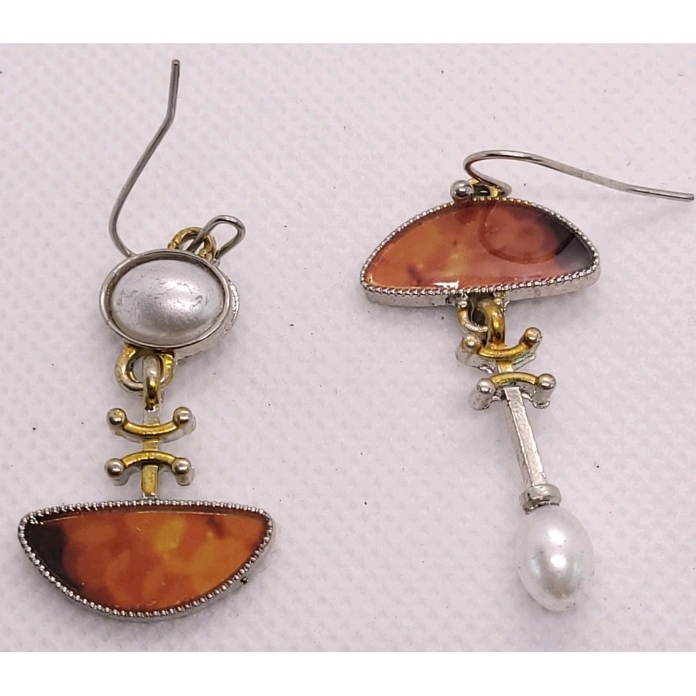 Vintage Style Mixed Metal Orange Cabochon Pearl Asymmetrical Dangle Earrings